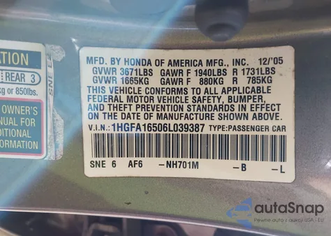 2006 Honda Civic Lx из США, поврежденный, VIN 1HGFA16506L039387